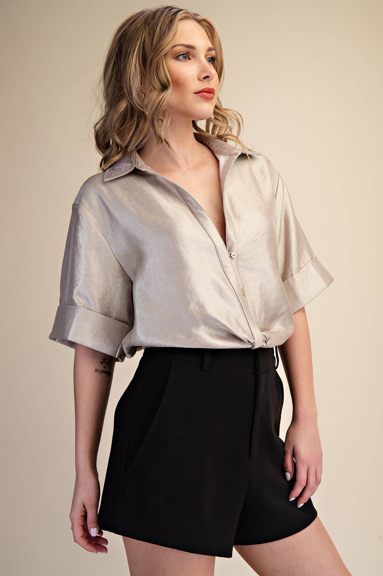 Deep Neck And Lapel Collar Short Sleeve Shirt
