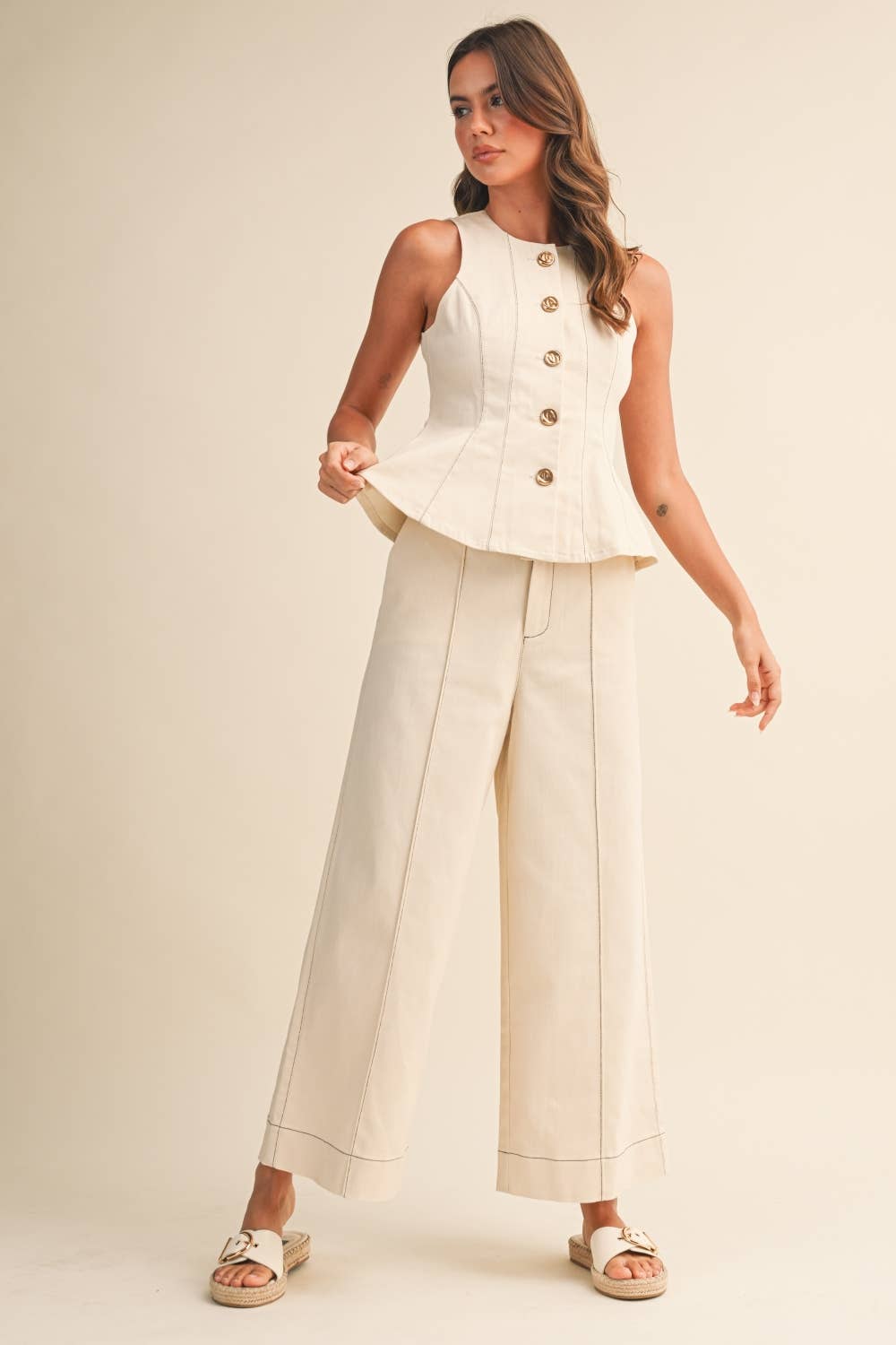 IST6309 SLEEVELESS VEST JACKET AND STRAIGHT FIT PANTS SET