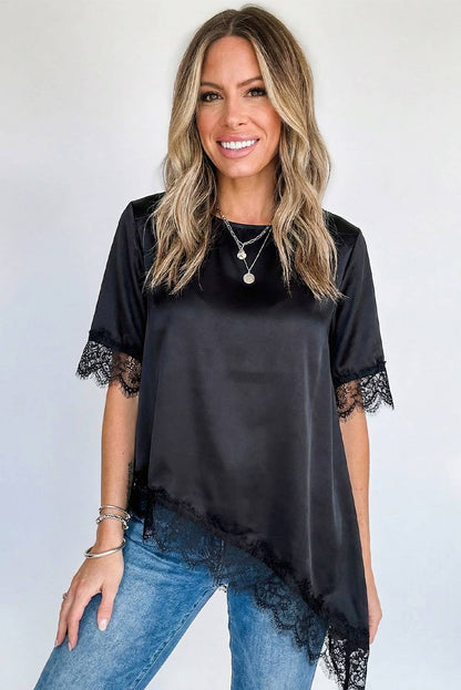 Asymmetric Lace Trim Short Sleeve Satin Top