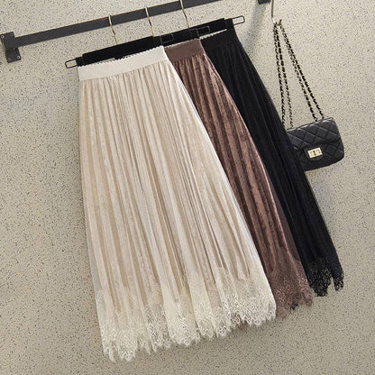Lace Patchwork Pleated Velvet Midi Skirt
