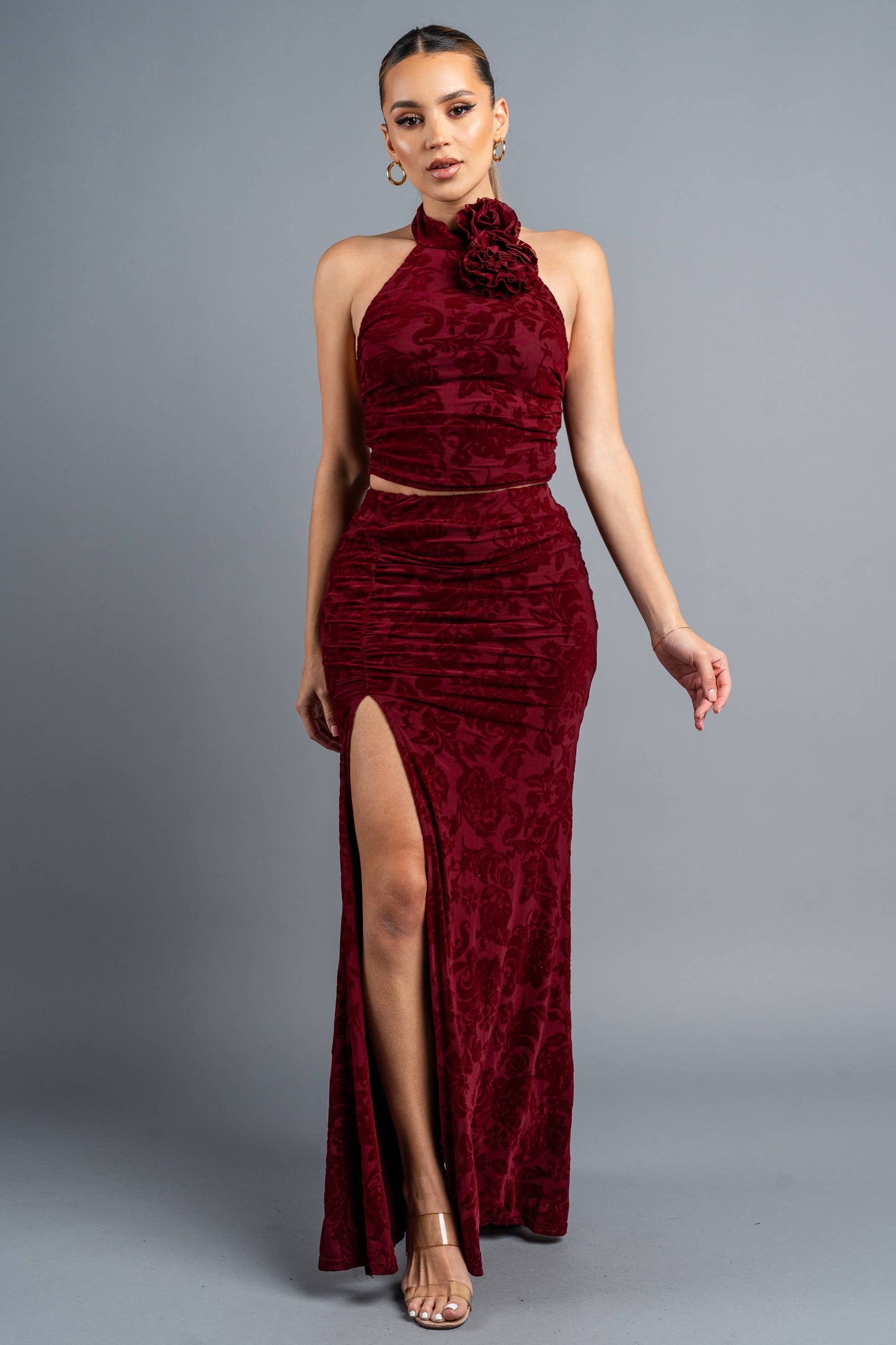 VELVET FLOCKING ROSETTE TOP & SKIRT SET