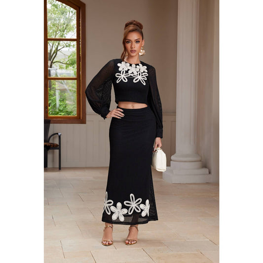 PETAL BLOOM TEXTURED CROP TOP AND MAXI SKIRT SET