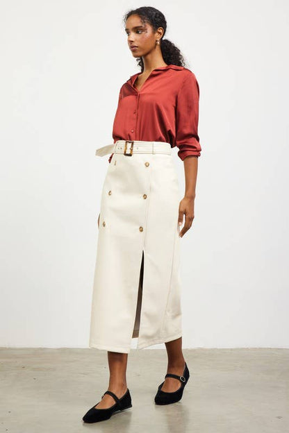 Faux Leather Midi Skirt With Belt
