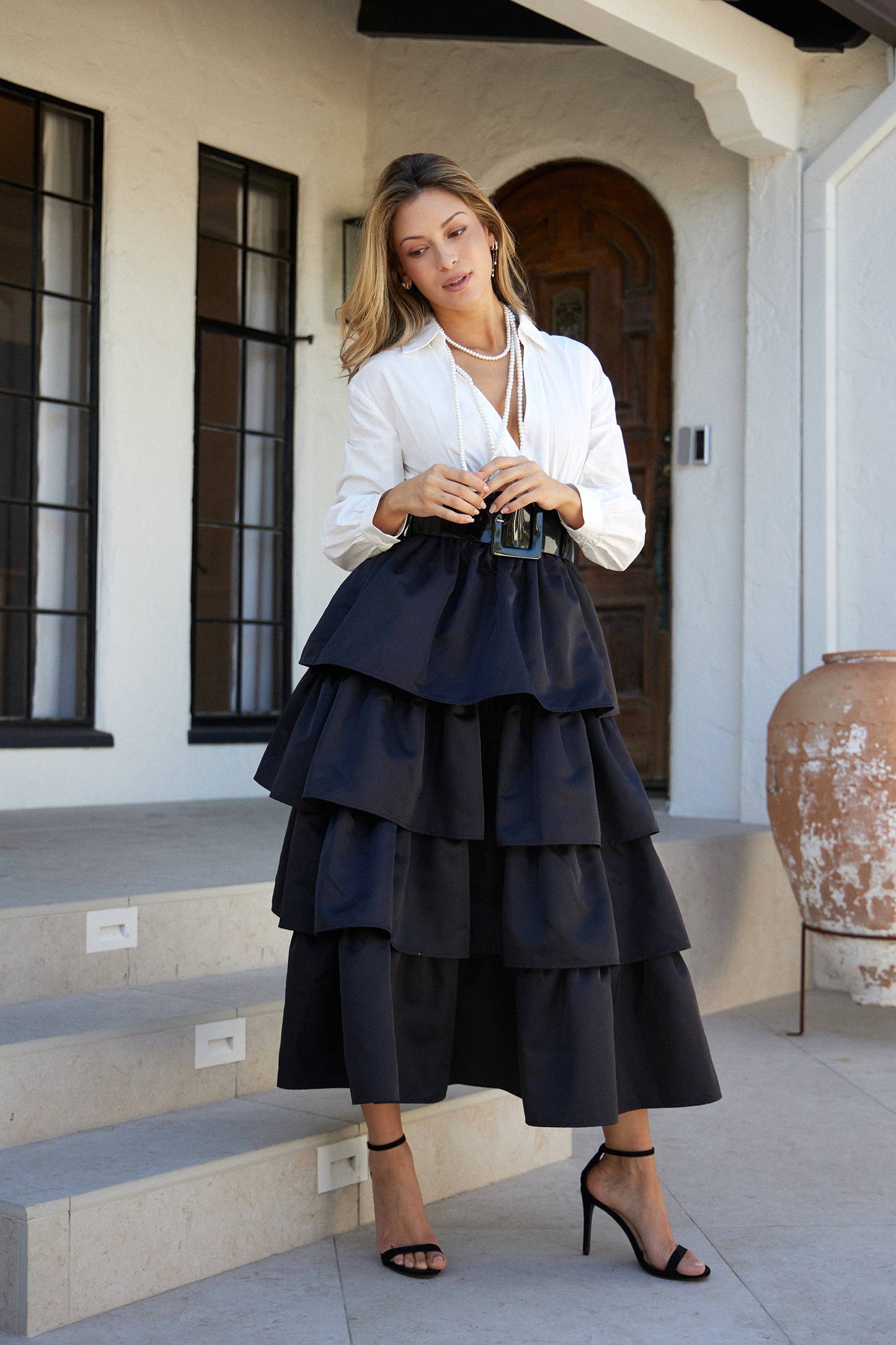 Manuela DEEP V NECK TIERED MIDI DRESS WITH ACCENT BELT