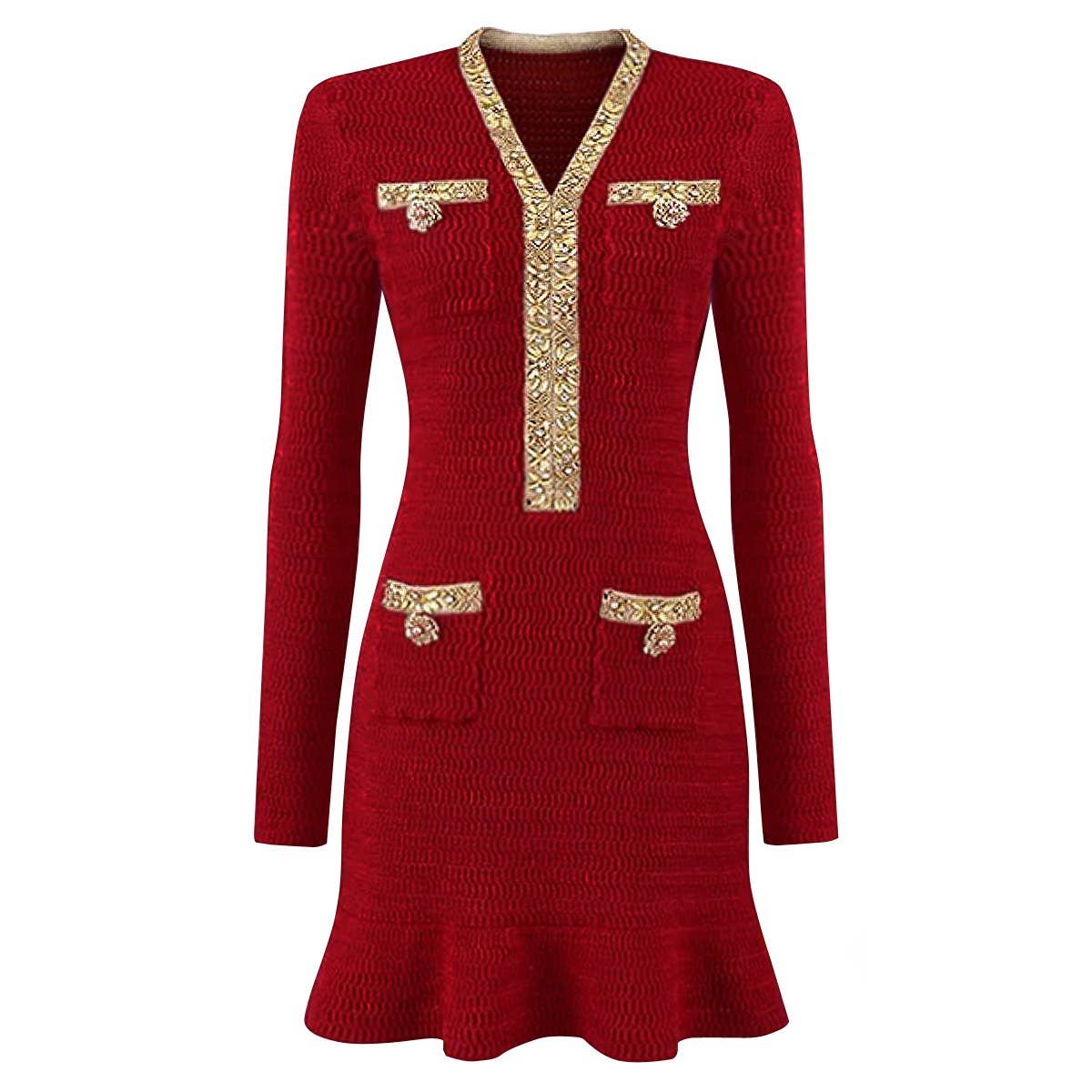 Carolina Elegant Knitted V-Neck Hand-Beaded Long-Sleeve Dress