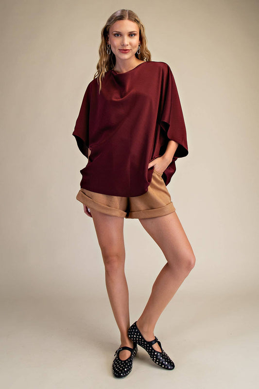 Cowl Neck Elbow Sleeve Satin Top