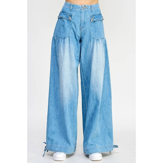 Ankle Drawstring Wide Denim Pants