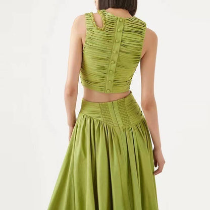 SET083 Sultry Wrap-Top & Pleated Skirt Ensemble