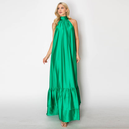 Emerald Flow Halter Maxi Dress