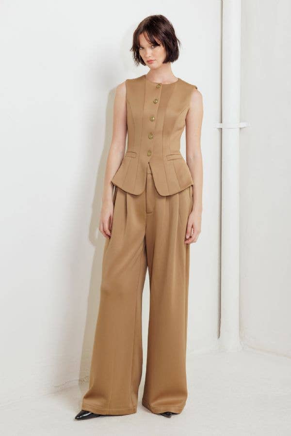 Camel Power Vest & Wide-Leg Pants Set