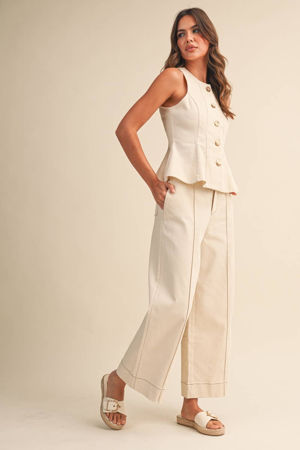 IST6309 SLEEVELESS VEST JACKET AND STRAIGHT FIT PANTS SET