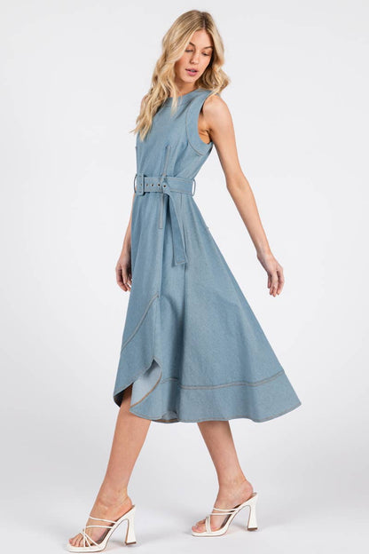 MILI Solid Denim Sleeveless Midi Dress LIGHT DENIM