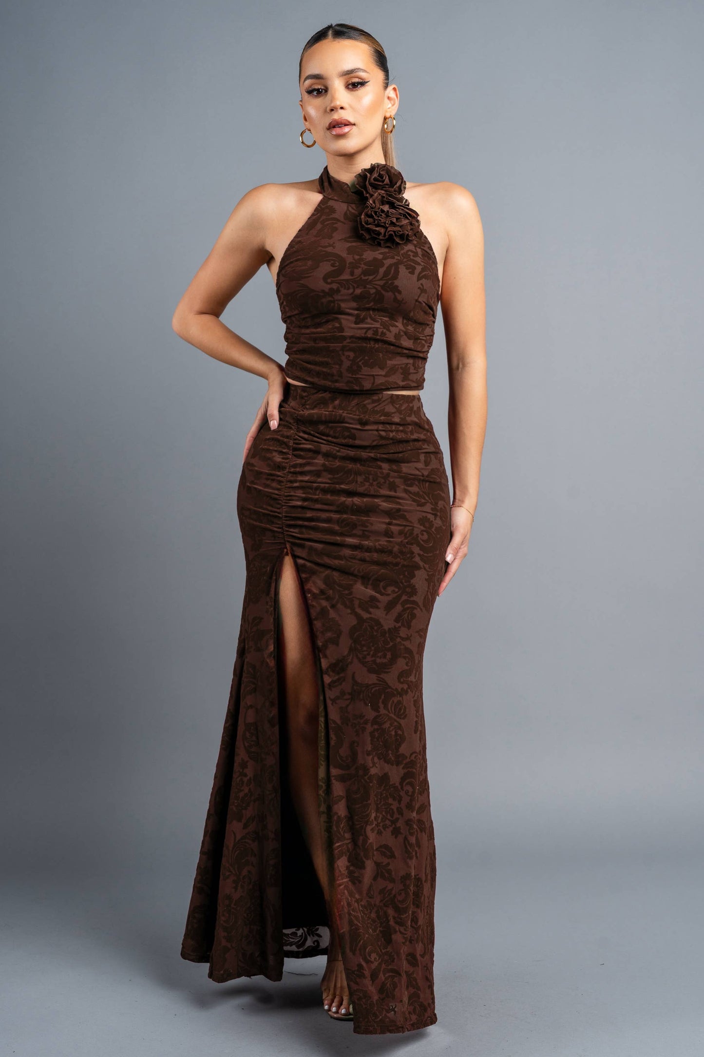 VELVET FLOCKING ROSETTE TOP & SKIRT SET