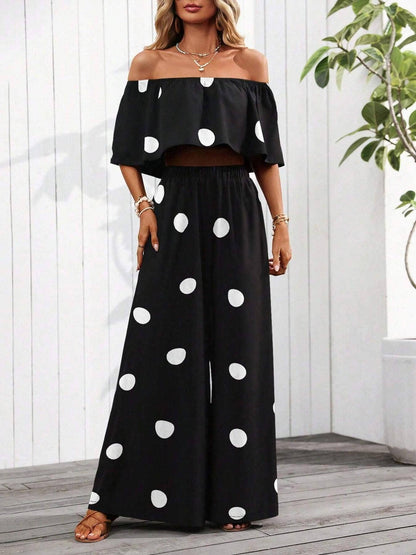 Casual Off-Shoulder Polka Dot Two-Piece Outfit
