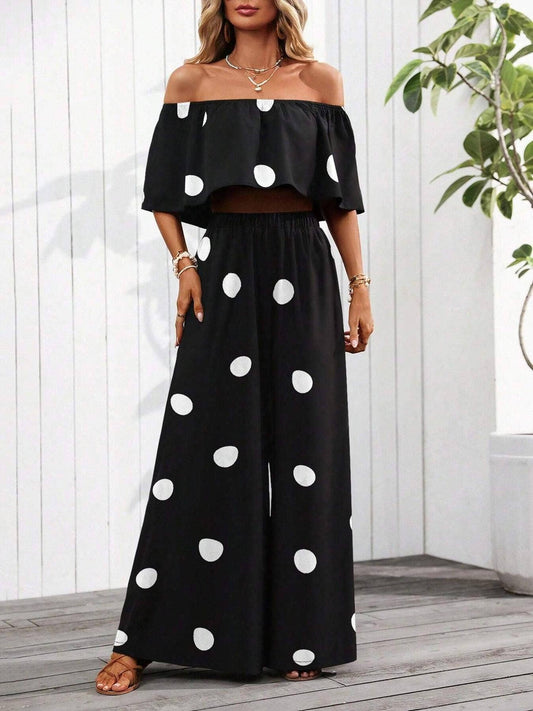 Casual Off-Shoulder Polka Dot Two-Piece Outfit