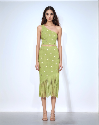 SET-36 Chic Summer Waist Tassel Knitted Skirt and Vest Set