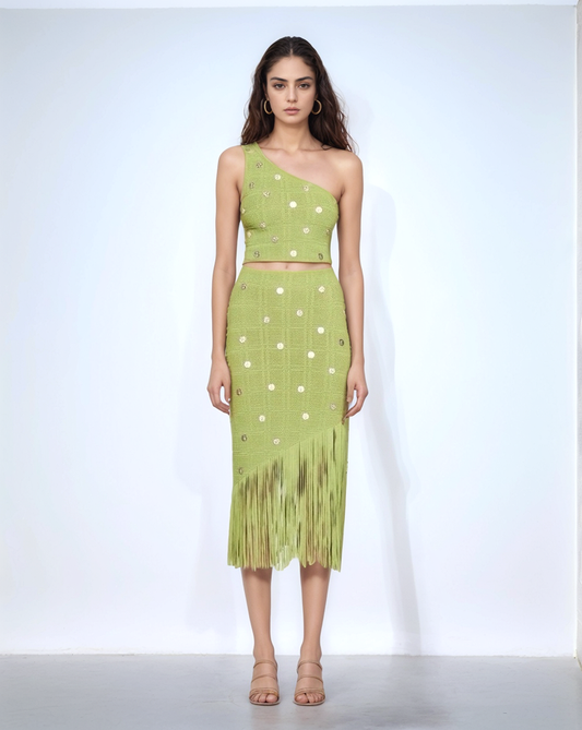 SET-36 Chic Summer Waist Tassel Knitted Skirt and Vest Set