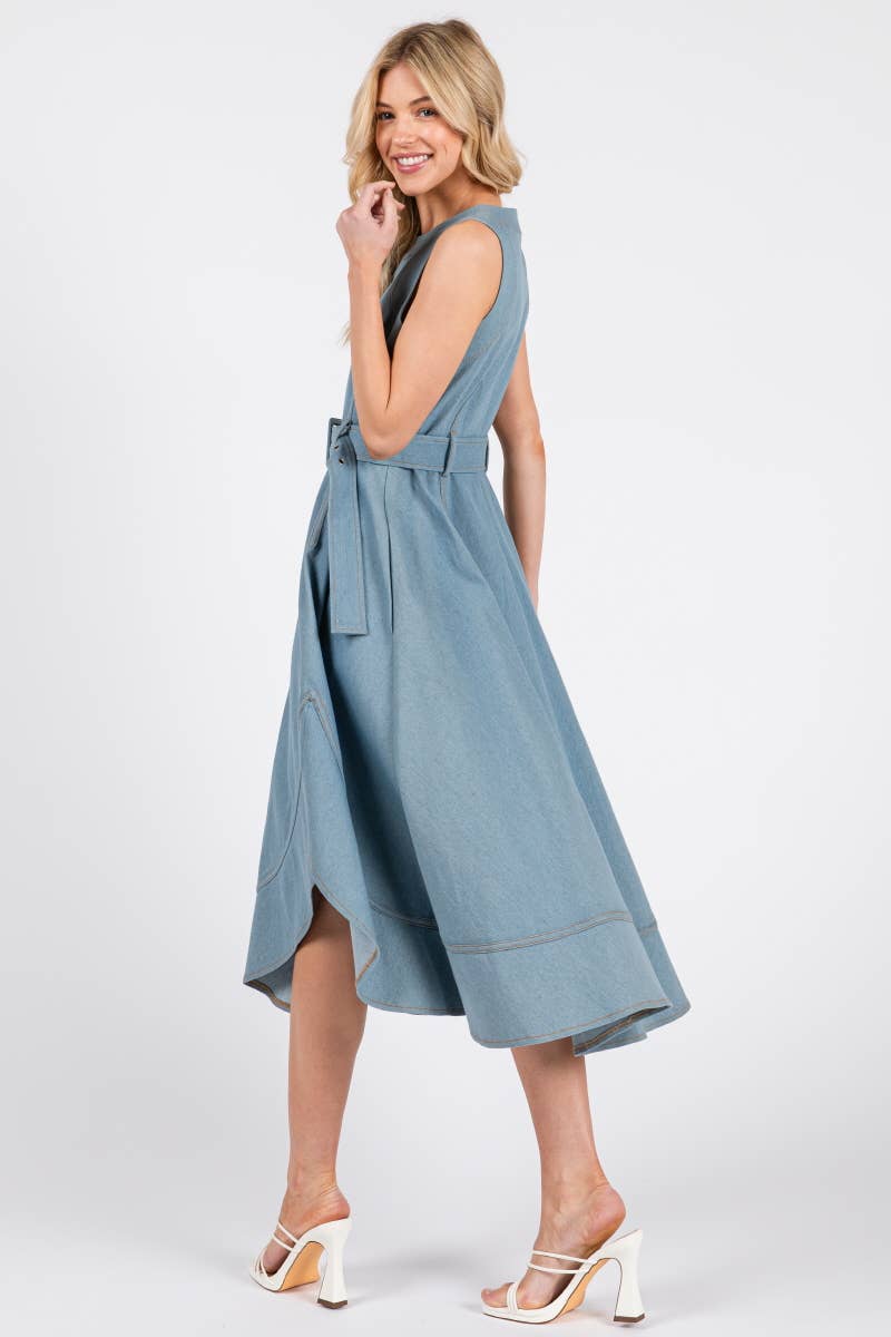 MILI Solid Denim Sleeveless Midi Dress LIGHT DENIM