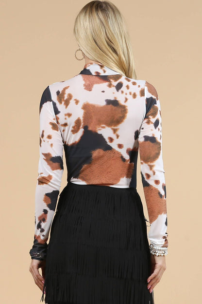 T289-Cow- Cow Print Mesh  Mock Neck Bodysuit
