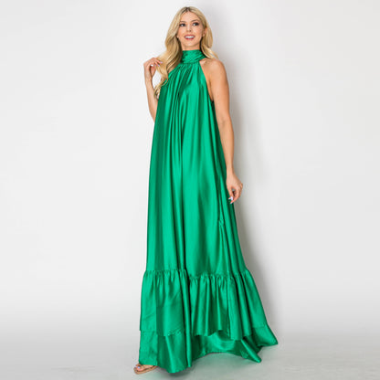 Emerald Flow Halter Maxi Dress