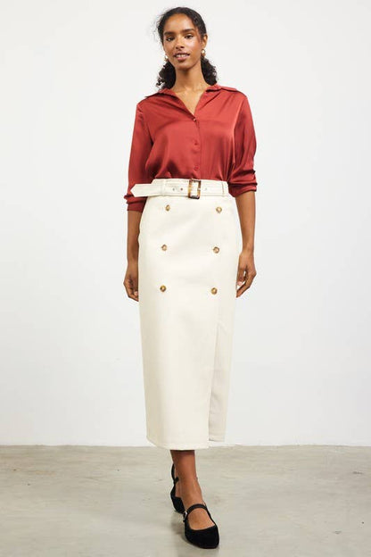 Faux Leather Midi Skirt With Belt