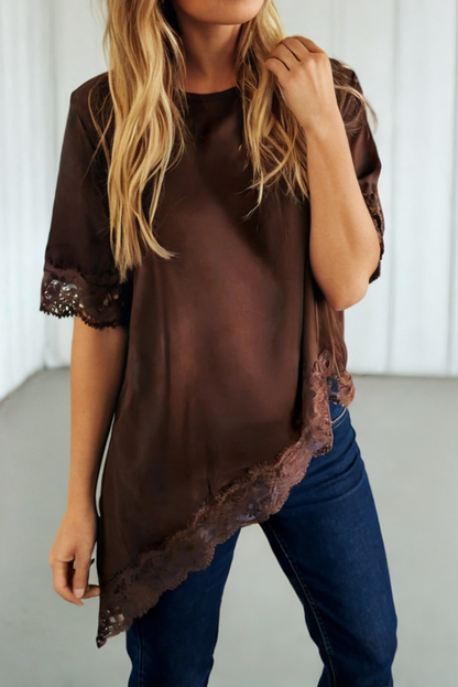 LAS Asymmetric Lace Trim Short Sleeve Satin Top (S-XL)