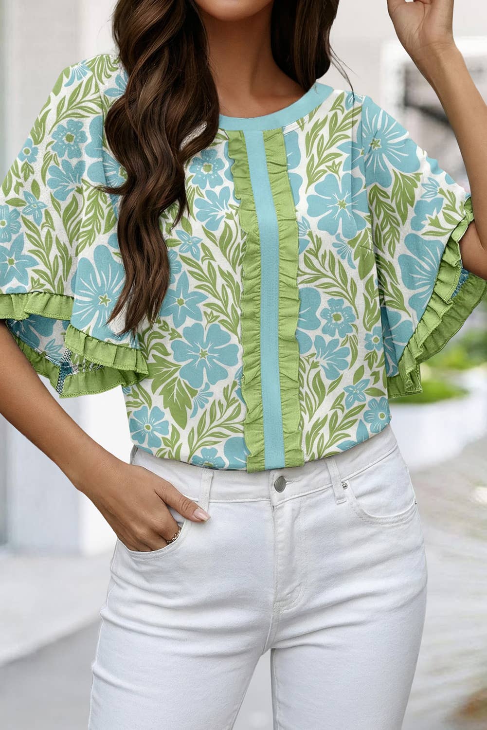 Floral Print Frill Contrast Trim S/S 26 Blouse | S-XL