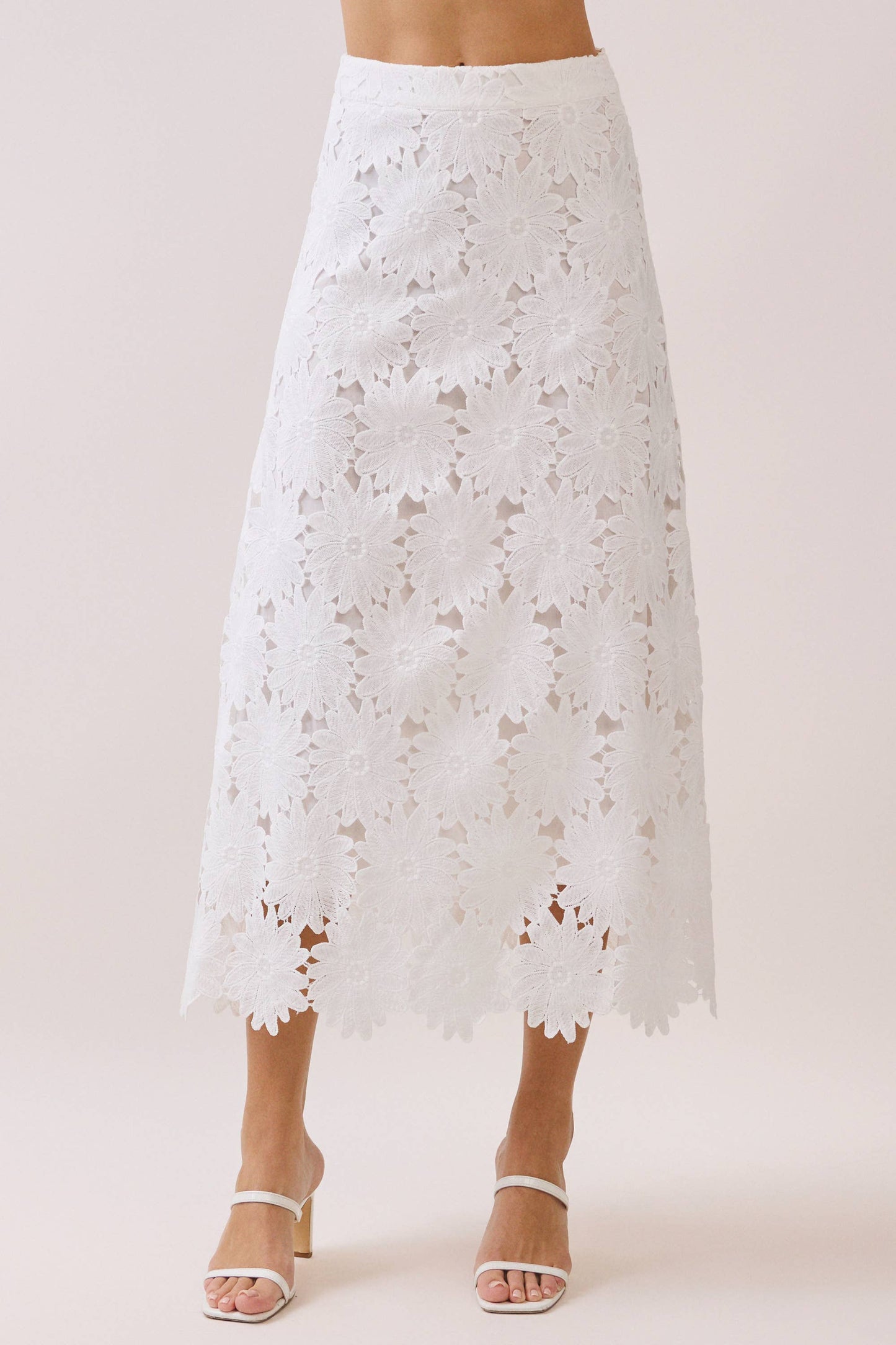 Floral Lace Scalloped Hem Fully Lined Midi Skirt