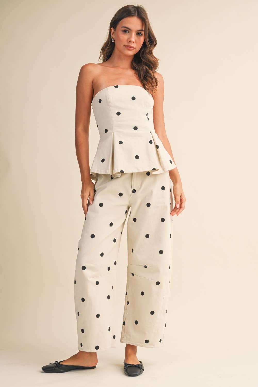 POLKADOT STRAPLESS PEPLUM TOP AND BARREL PANTS SET