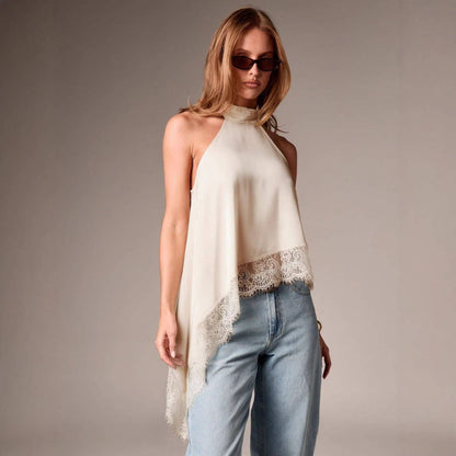 Women’s Satin Lace Trim Halter Neck Asymmetrical Top