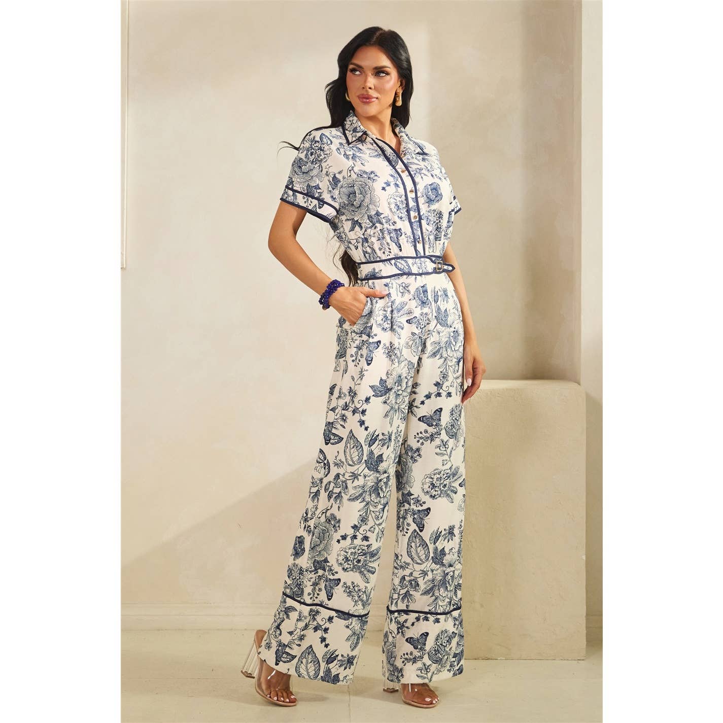 FLORAL PRINT FRONT BUTTON DOWN JUMPSUIT