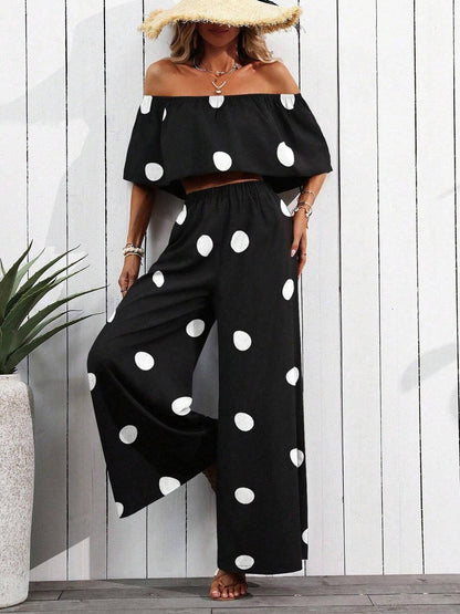 Casual Off-Shoulder Polka Dot Two-Piece Outfit