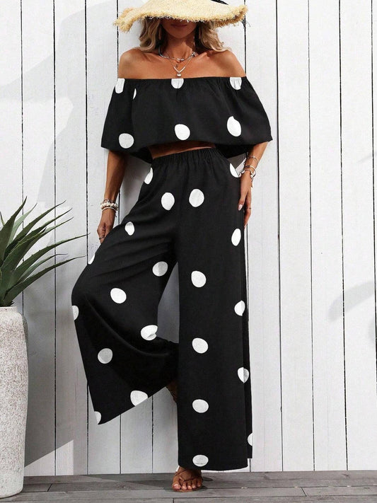 Casual Off-Shoulder Polka Dot Two-Piece Outfit
