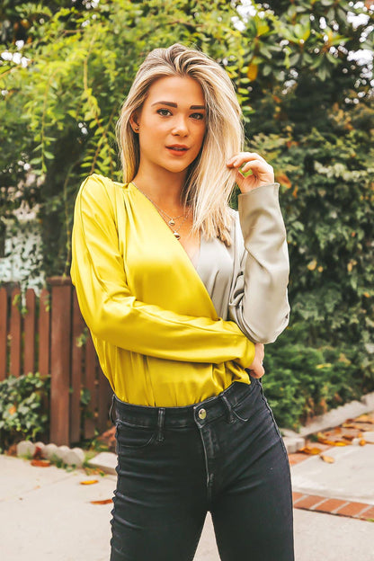 Koslow Crossover V-neck Two-Tone Bodysuit