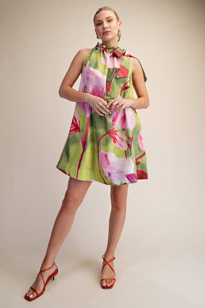 Flora Luxe Tie-Neck Mini Dress