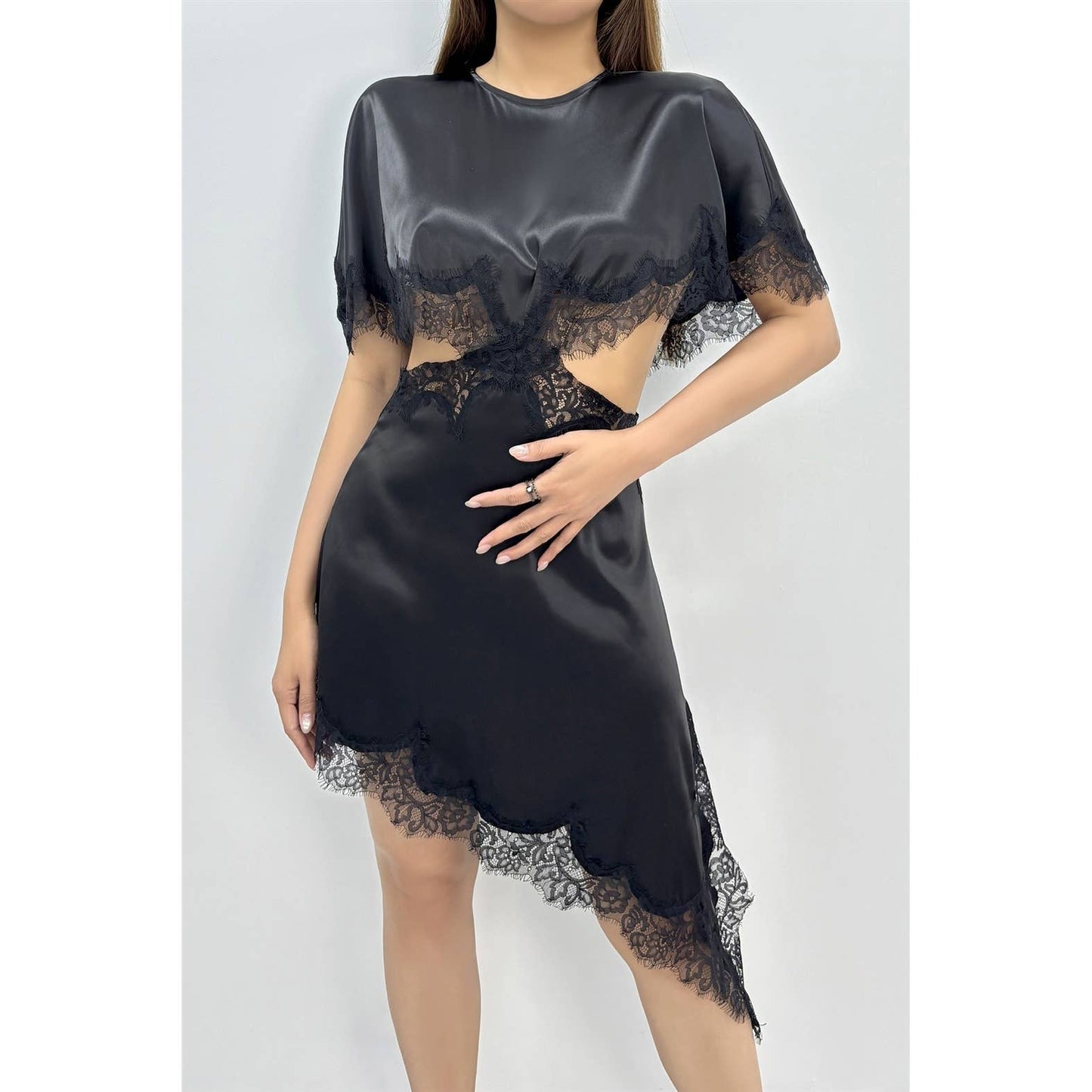 Noir Lace Cutout Cape Overlay Mini Dress