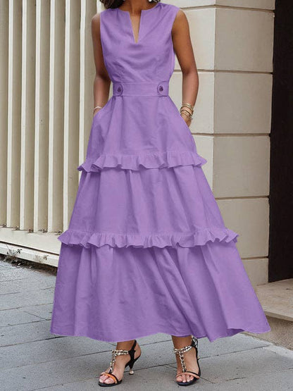 A-Line Buttoned Pleated V-Neck Maxi Dress