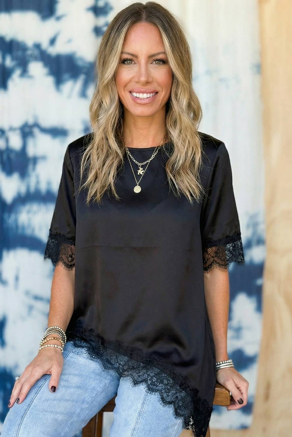 Asymmetric Lace Trim Short Sleeve Satin Top
