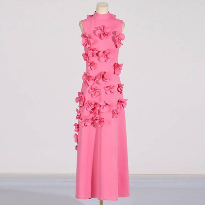 Chic Collar Sleeveless Dress with 3D Flowers