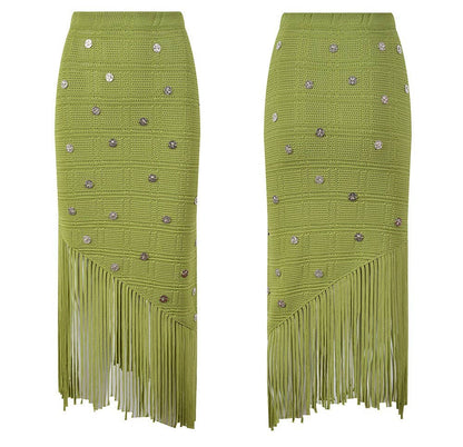 SET-36 Chic Summer Waist Tassel Knitted Skirt and Vest Set