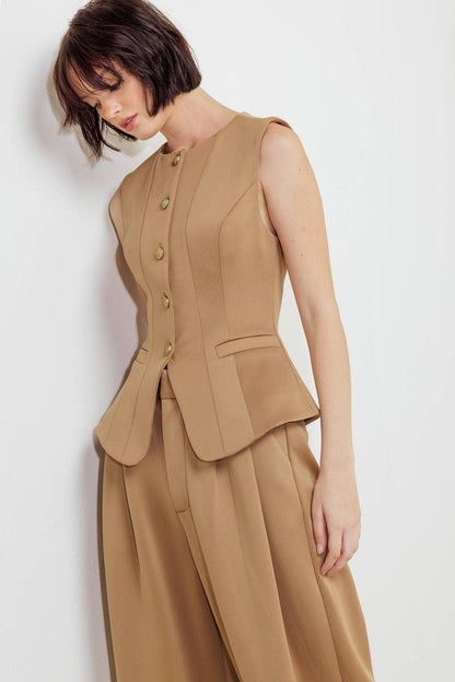 Camel Power Vest & Wide-Leg Pants Set