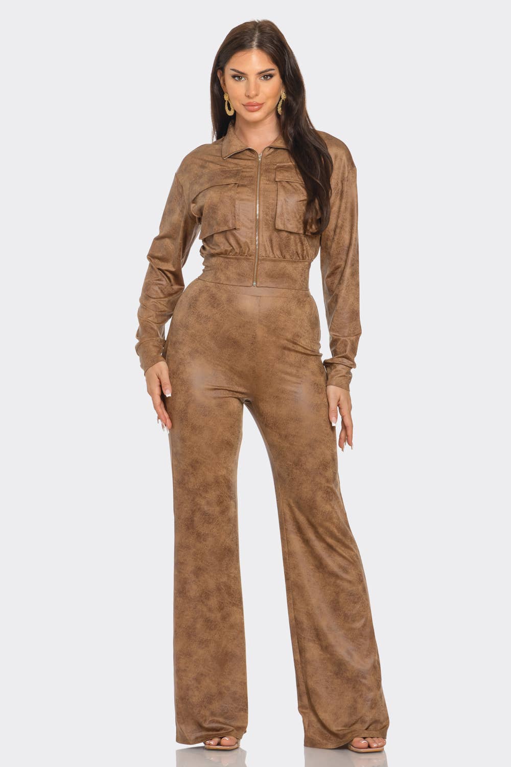 Distressed Leather Looking Zipper Jacket Sets